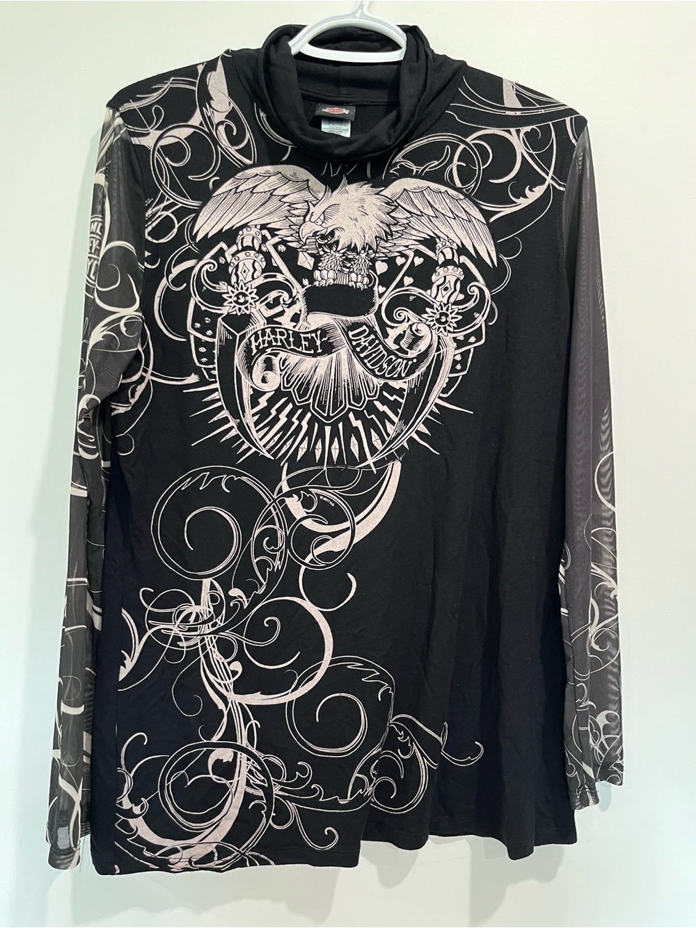 Harley-Davidson XL Black Mesh Tattoo Sleeve Shirt with Eagle Graphic Y2K Style
